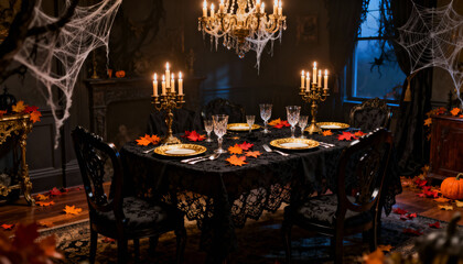 A halloween themed dining room with a table set for dinner and cobwebs hanging from the chandelier