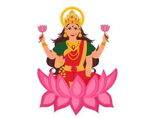 Goddess Lakshmi Maa Character Lotus Flower celebrating Dhanteras festival celebration before Diwali vector illustration