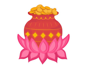 Kalash filled with golden coins celebrating Dhanteras festival celebration before Diwali vector illustration
