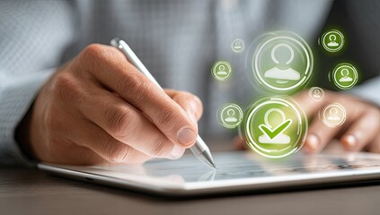 Close-up of person using tablet, interacting with digital user icons