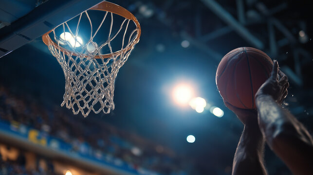A basketball player shoots a basketball into a net - Powered by Adobe