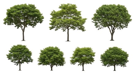 Fototapeta premium Collection of eight lush green trees isolated on white.