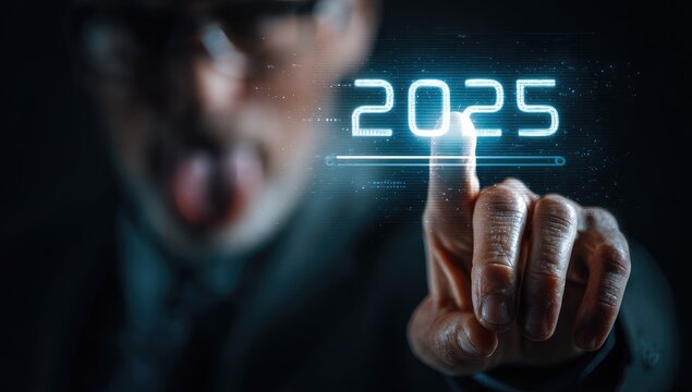 Close-up of a person's finger touching a projected 2025, expressing anticipation