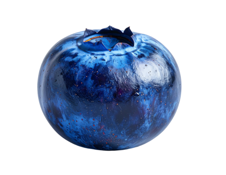 A single, plump blueberry with a deep blue-purple hue, speckled with tiny red dots, sits against a black background; its bloom is visible at the top.  The surface appears smooth and slightly glossy