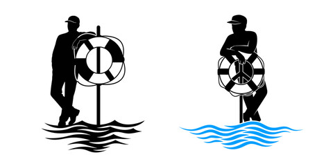 Obraz premium Two Lifeguard Silhouettes with Lifesaving Equipment