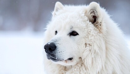 Obraz premium Close-up of a fluffy white dog in snowy landscape