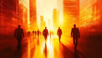 Silhouetted figures walking in a cityscape.