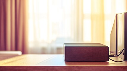 Minimalist workspace featuring a closed device on a wooden table, exuding calm and productivity in warm tones. lifestyle magazines.