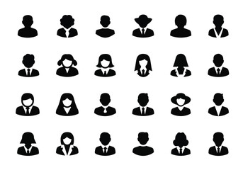 Collection of diverse business people icons, representing men and women in professional attire, isolated on a