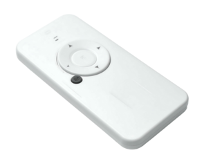 Sleek, white rectangular remote control with a circular directional pad and a single button, angled slightly for a three-dimensional perspective