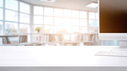 Minimalist office desk bathed in morning sunlight, emphasizing a clean and productive workspace. lifestyle magazines.