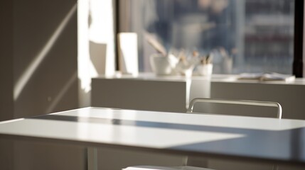 Minimalist office desk bathed in morning sunlight, emphasizing a clean and productive workspace. lifestyle magazines.
