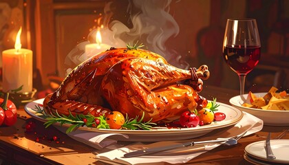 A roasted turkey sits at the center of a well-set table, a candle's warm glow adding ambiance to the festive scene. Steam rises, indicating it's ready to serve