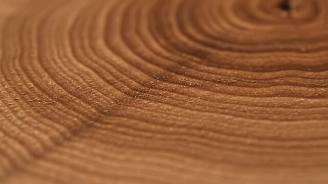 A closeup of a light brown wood surface reveals tightly curved growth rings
