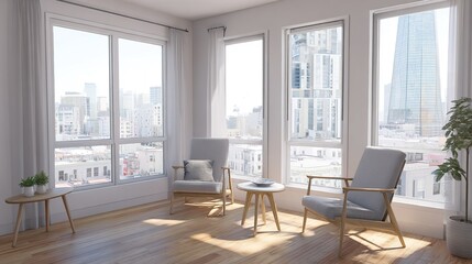 Modern living room showcasing minimalist design with clean lines and soft natural light from large windows. lifestyle magazines.