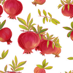 Juicy pomegranate. Seamless pattern of red pomegranate fruits with leaves on a white background.