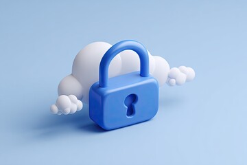 Secure cloud storage, 3D rendered.  A blue lock icon rests in front of a cluster of white cloud shapes