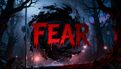 Red fear text on shattered glass with dark forest background creating a scary and ominous atmosphere