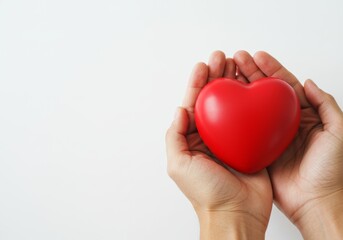 Obraz premium Hands Gently Holding a Red Heart Against a White Background