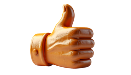 A three-dimensional, orange-hued thumbs-up gesture rendered with a smooth, slightly glossy surface texture; the hand is depicted in a slightly angled perspective