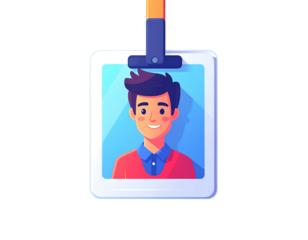 A smiling young man's photo on a square ID card, hanging from a lanyard