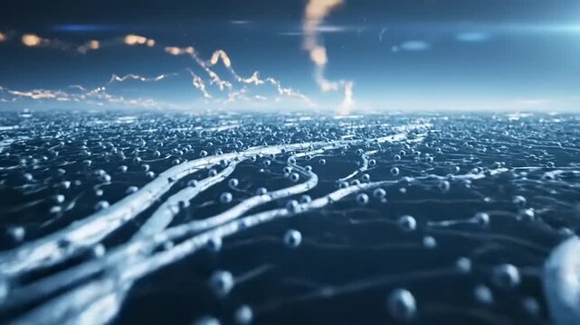 Cinematic animation of a flight over an abstract neural network or digital data landscape. High-tech background for concepts of AI - Powered by Adobe