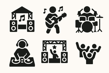 Musical event icons - live band, dj, concert, party, music festival, instruments, performance, dancing