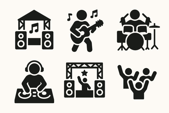 Musical event icons - live band, dj, concert, party, music festival, instruments, performance, dancing