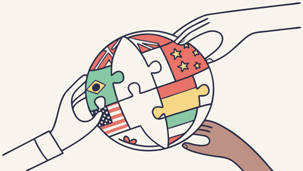 Interconnected Global Puzzle Hands Assembling World Flags for Unity