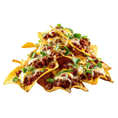 A towering pile of nacho chips topped with ground beef, melted cheese, and chopped cilantro
