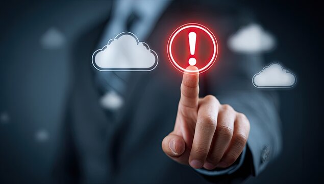 Businessperson's finger touches a red exclamation point over cloud icons, highlighting a problem in cloud computing