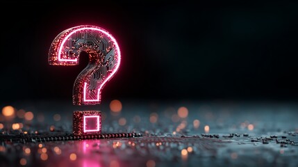 Neon Question Mark on Circuit Board Inquiry Evoking Curiosity, Digital Uncertainty and Technological Mystery, Futuristic Emblem of Artificial Intelligence and Search for Deeper Hidden Knowledge