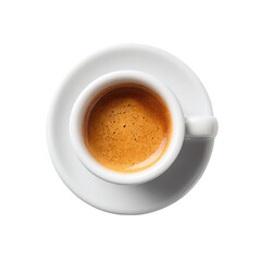 Overhead view of a small white espresso cup filled with coffee