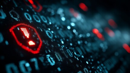 Binary Code with Red Shield Warning Symbols Indicating Cybersecurity Breach, Digital Vulnerability and Data Risk, Futuristic Representation of Hacking, Protection and Information Threat