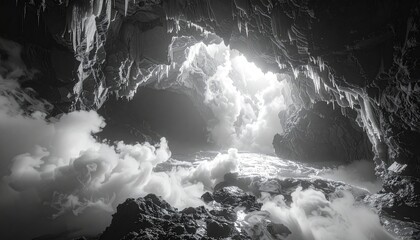 Cave's ethereal light, dramatic clouds
