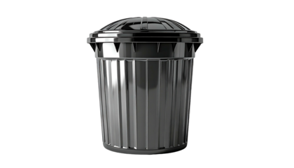 Sleek, chrome-like trash can with a domed lid, fluted body, and reflective surface, isolated on a black background