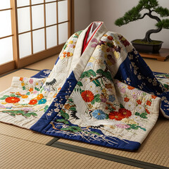 A stunning traditional Japanese kataj quilt showcases vibrant floral embroidery and motifs, elegantly displayed on a tatami mat in a tranquil indoor setting.