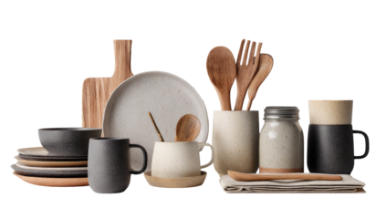 Assorted kitchenware,  light beige and dark gray tones,  wooden utensils and cutting board