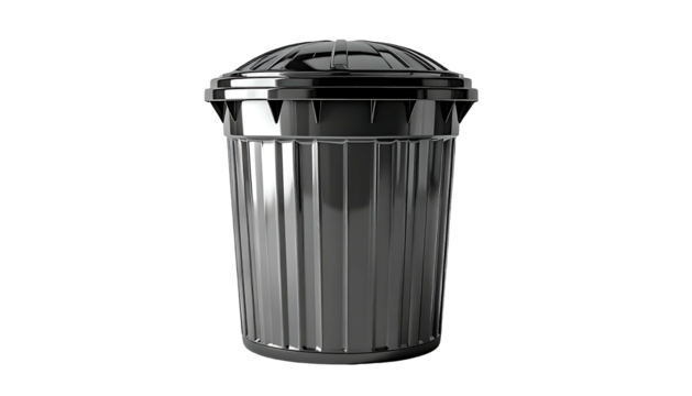 Sleek, chrome-like trash can with a domed lid, fluted body, and reflective surface, isolated on a black background - Powered by Adobe