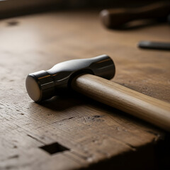 Close-up of a shiny hammer on a wooden workbench emphasizing craftsmanship