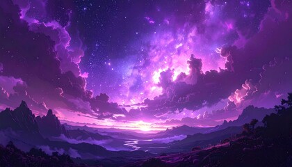 Fototapeta premium Ethereal view of a mountainous vista bathed in shades of purple. Clouds swirl under a starry sky above a landscape with a river below