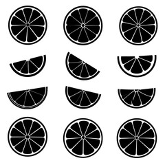Citrus fruit slices, whole and segments, black silhouettes