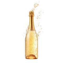 Champagne bottle with exploding cork and effervescent bubbles