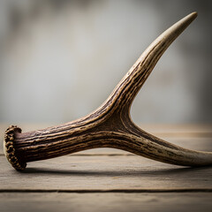 Close-up of a deer antler on rustic wood with natural details