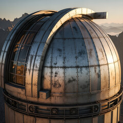 A weathered steel dome of a vintage observatory glimmers in the dawn light, surrounded by rugged mountains. The intricate details of the dome highlight the beauty of engineering and exploration in nat