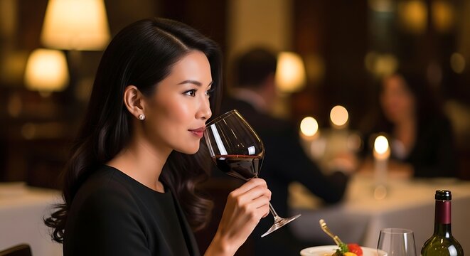 Elegant asian woman enjoying wine at restaurant showcasing refined dining
