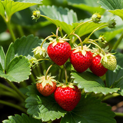 Luscious ripe strawberries surrounded by vibrant green foliage