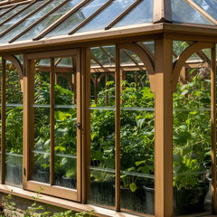 Charming vintage greenhouse filled with lush greenery and wooden architecture