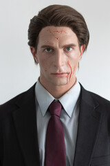 portrait of a psychotic businessman with drops of blood on his face, the concept of burnout and nervous breakdown at work