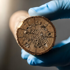 An intricate dendrochronological core reveals ancient microfossils, grasped by a scientist's gloved hand in soft natural light.